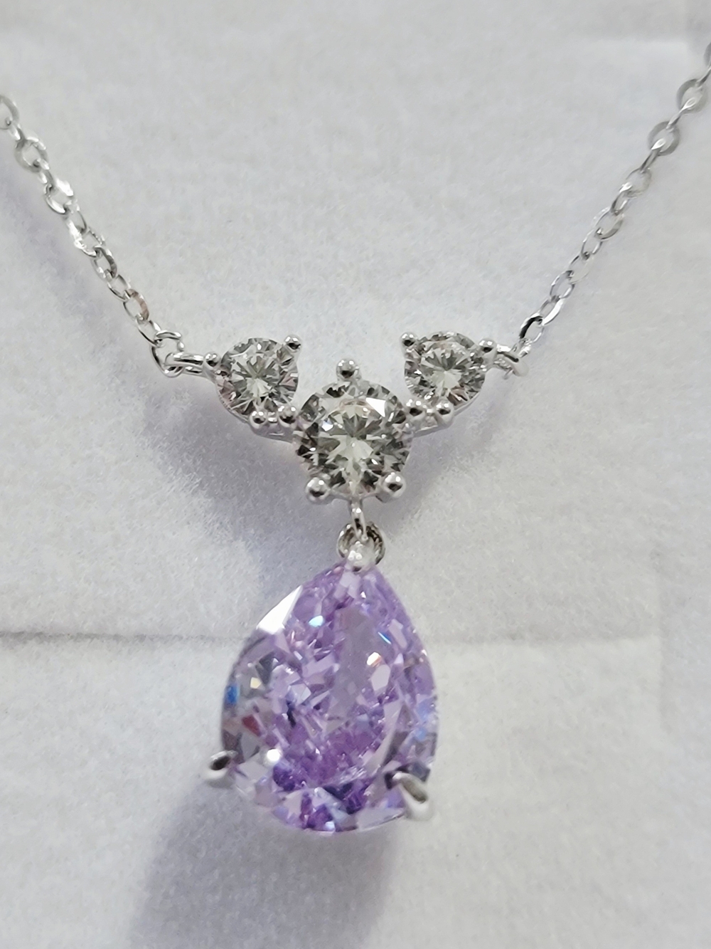 New .925 Sterling Silver Necklace with Purple CZ Teardrop Pendant - Picture 2 of 4
